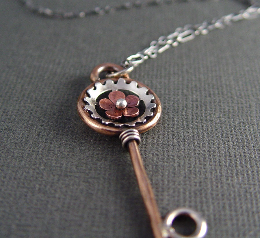 Steampunk Cherry Blossom Key, Mixed Metal Key, Metalsmithing, sakura, spring Jewelry, Gifts for Her, Mother's Day