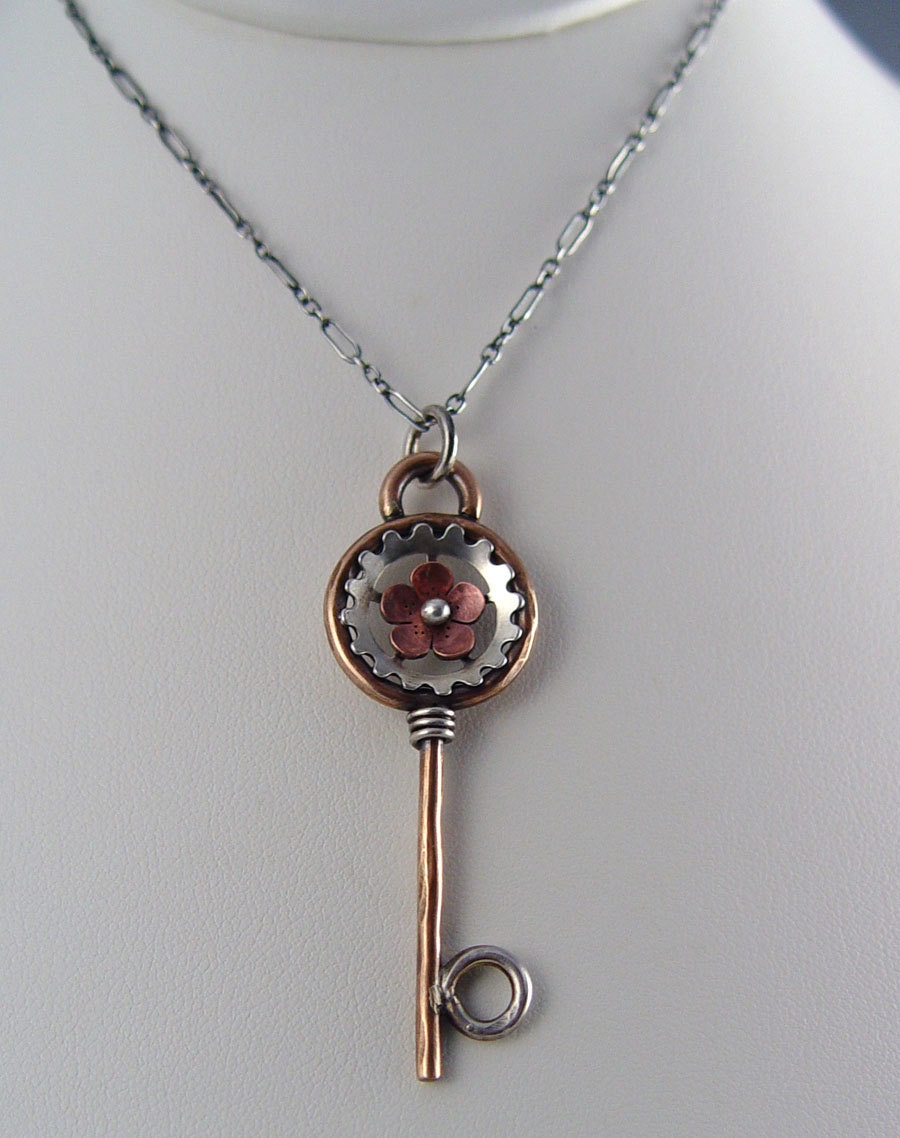 Steampunk Cherry Blossom Key, Mixed Metal Key, Metalsmithing, sakura, spring Jewelry, Gifts for Her, Mother's Day
