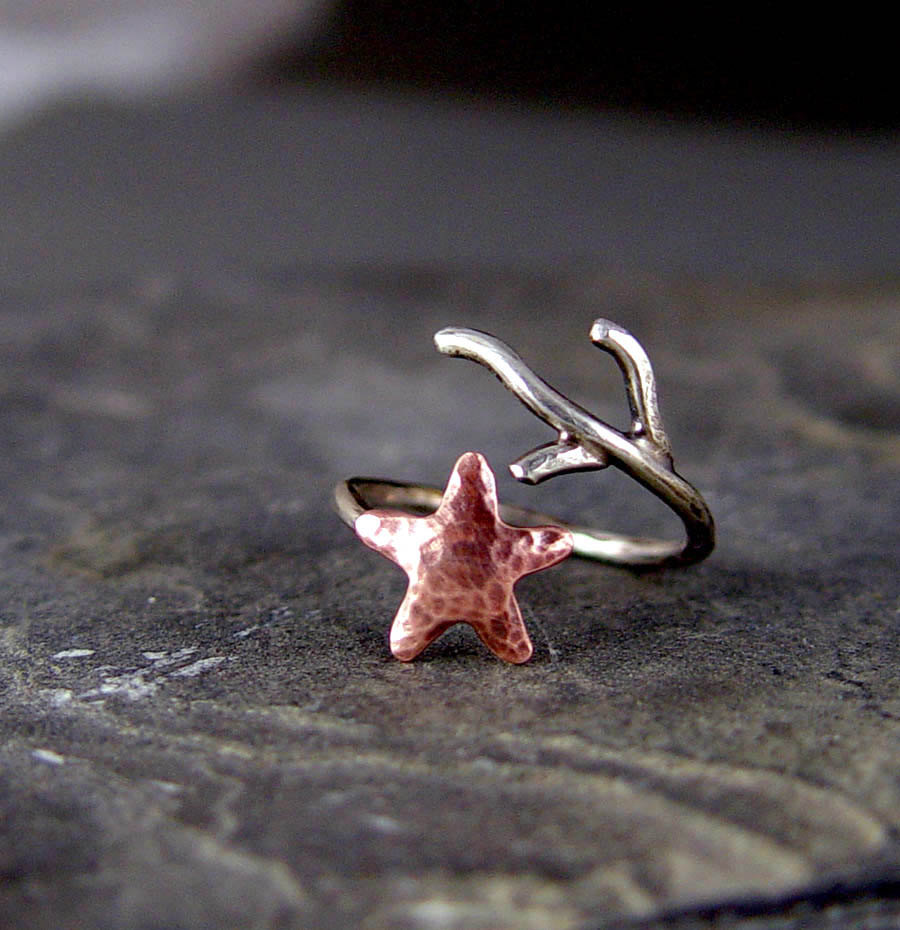 Copper Starfish Coral Branch Adjustable Ring, Star ring, Starfish Ring, MADE to ORDER, Ocean Jewelry, Gifts under 40.00, Handmade