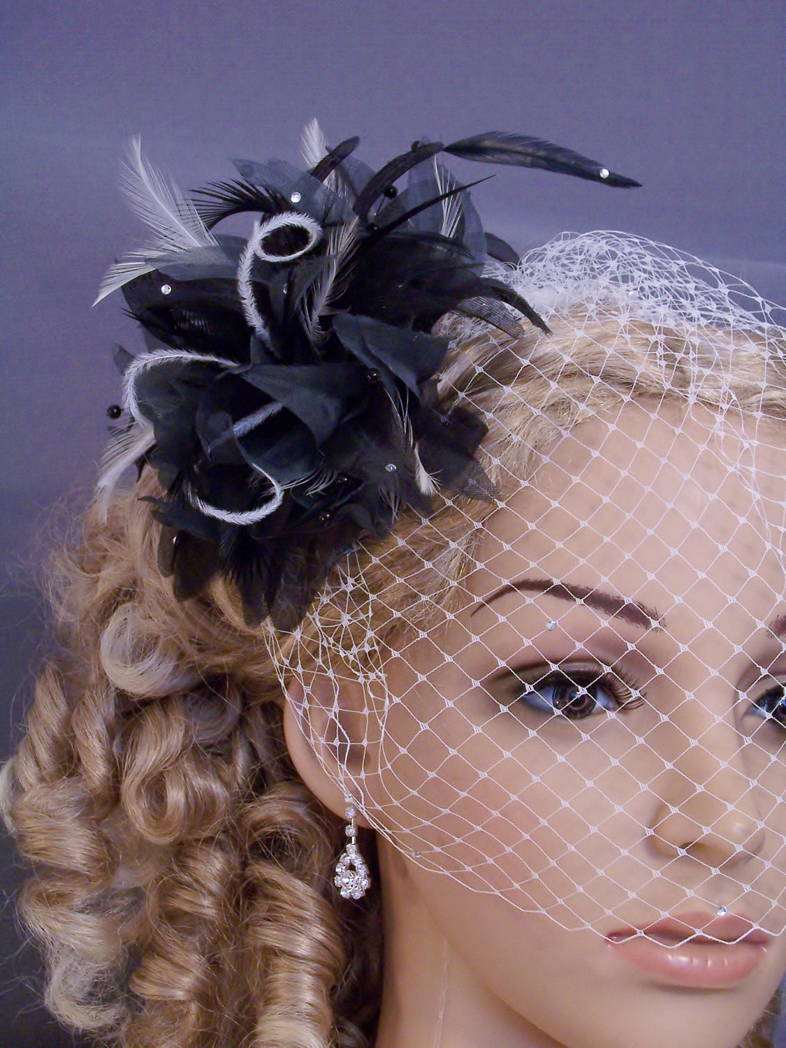 SALE, Black and White Feather Wedge Birdcage Rhinestone Veil,  Bridal / Prom, CUSTOMIZE