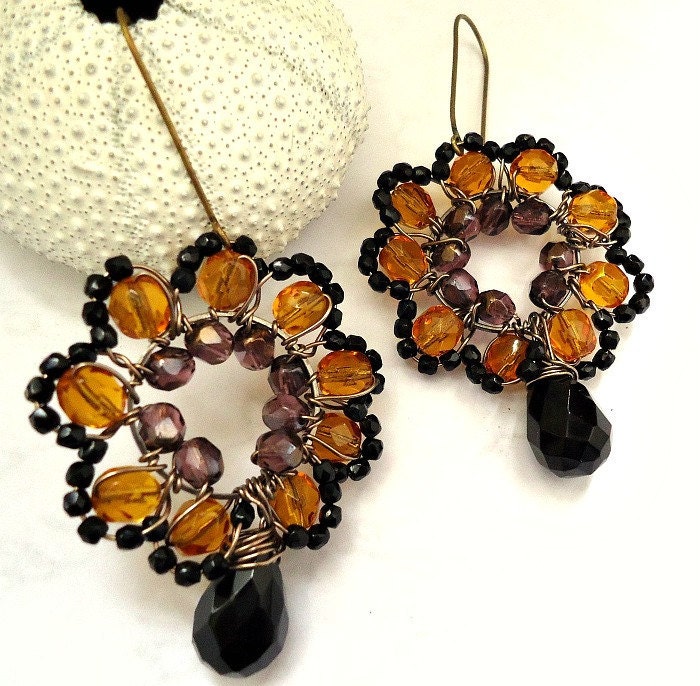 Statement Earrings, Beadwork, Dangle, Drop, Hoop Earrings, Amber, Black, Diva, Cocktail, Weddings, Bridal Accessories
