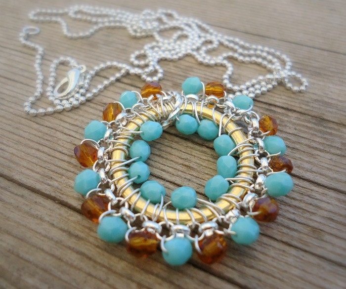 long necklace, silver, hoop, aqua, brown, beaded, beadwork, bohemian pendant, silver ball chain, aqua pendant, bohemia jewelry