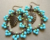 Statement Earrings, Aqua, Lime Green, Beadwork, Dangle, Leaf, Turquoise, Hoop Earrings, Festive, Holiday, Christmas, Cocktail, Copper