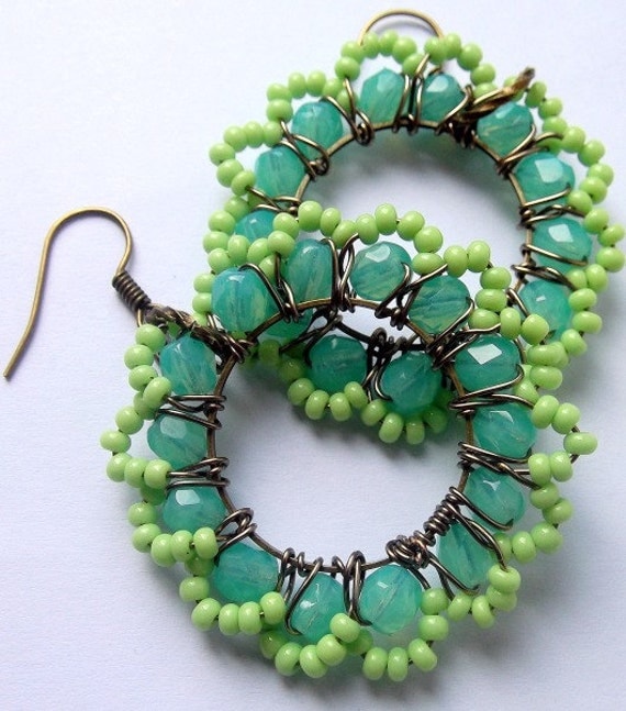 Green Earrings, Hoop, Statement, turquoise, Drop, Dangle, Springtime, Beadwork, aqua, colorful, Bridal Accessories, Weddings