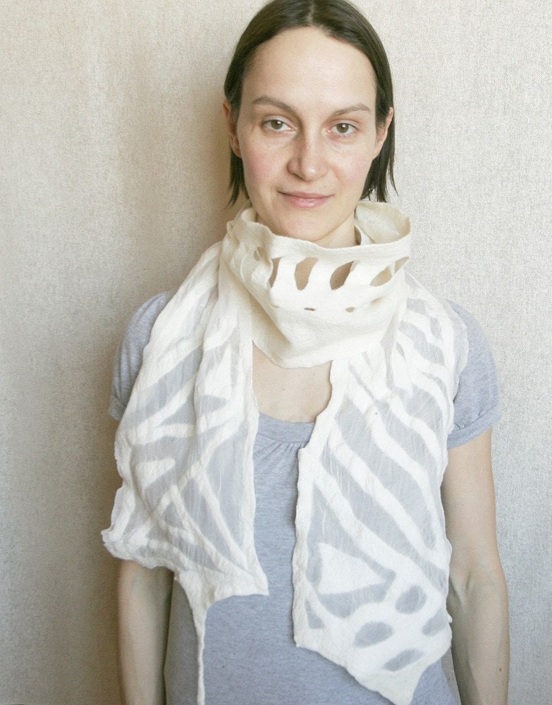 Wool nuno felted scarf White Summer wind