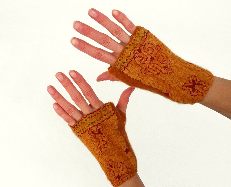 Nuno felted arm warmers fingerless gloves Mustard Ethnic - JaneBoFelt