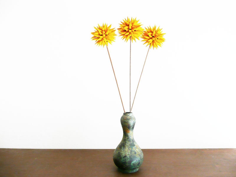 Paper Craspedia Flowers Yellow Stemmed Polish Star Urchins Folk Art Decorations Floral Bouquet - Set of THREE 2 inch - Mustard