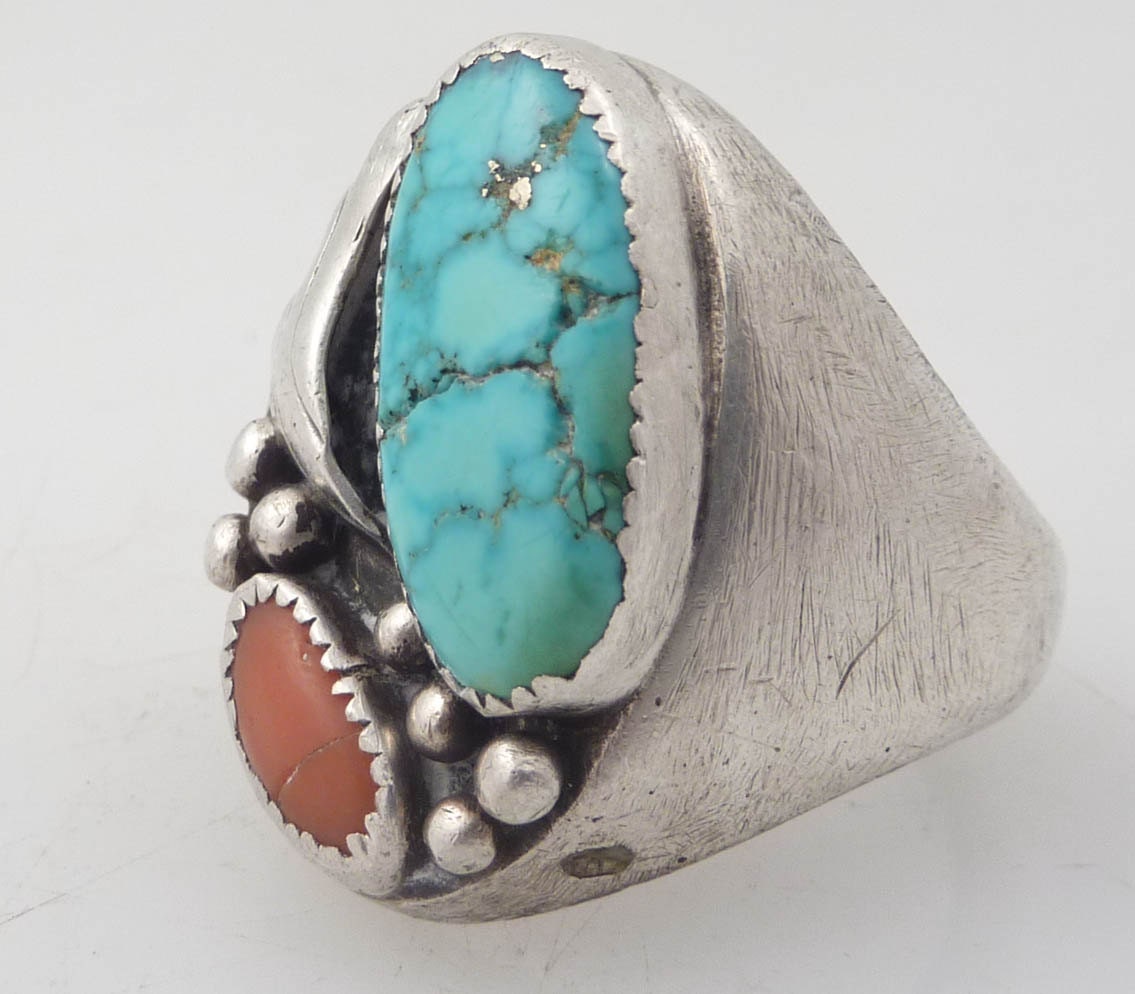 SALE --- Size 10.75 This Ring Means Business Turquoise and Coral Sterling Vintage Native American Ring