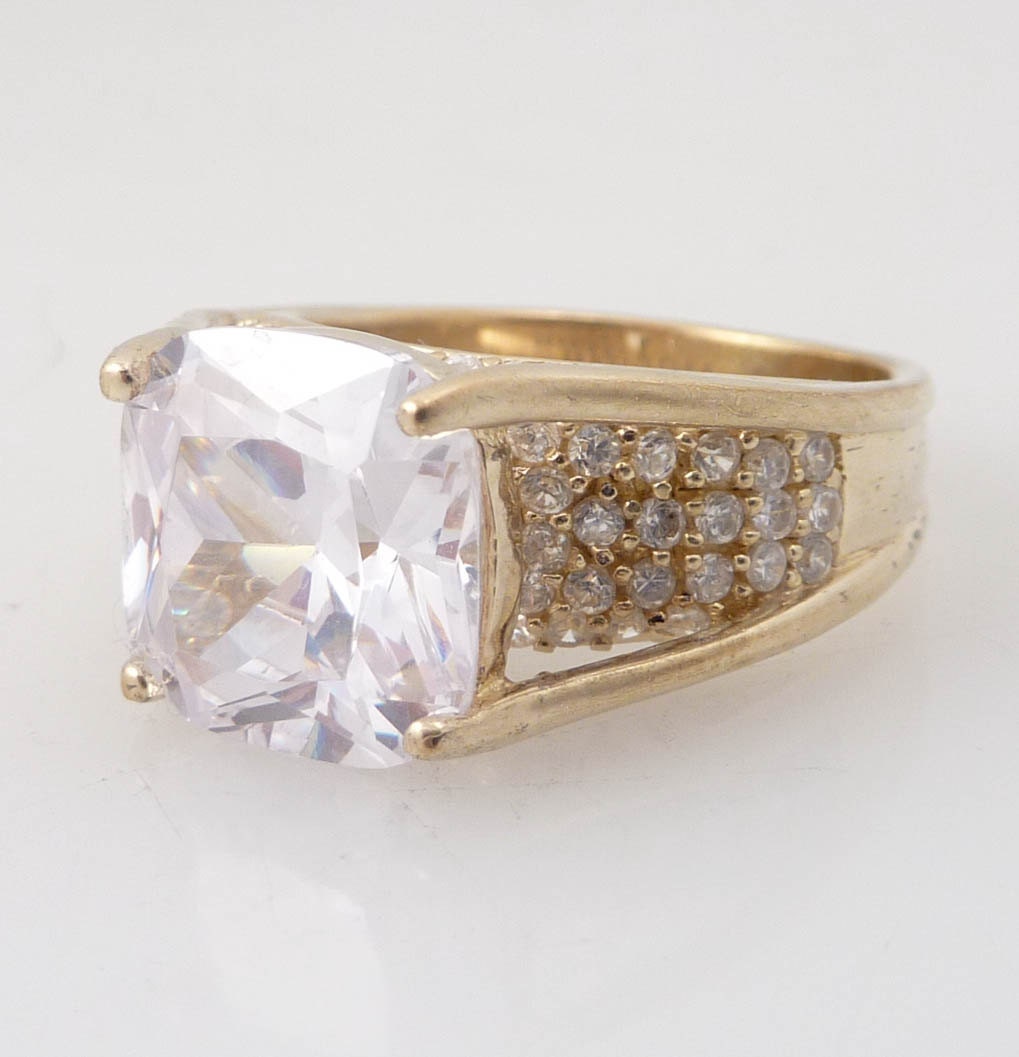 Size 10 Vintage Goldtone Sterling Ring with Giant Cubic Zirconia in the Round