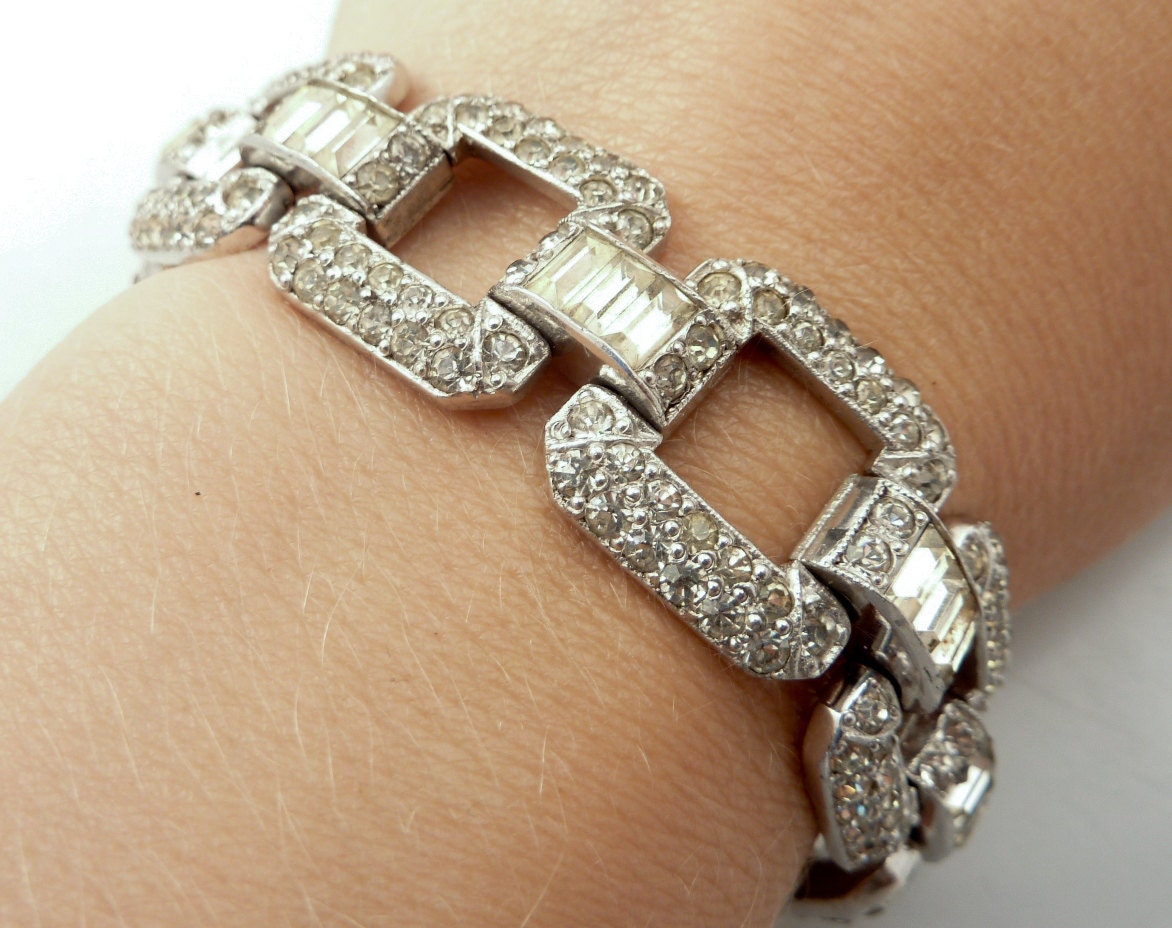 Exsquisite Antique Art Deco Big Block Link Rhinestone Bracelet