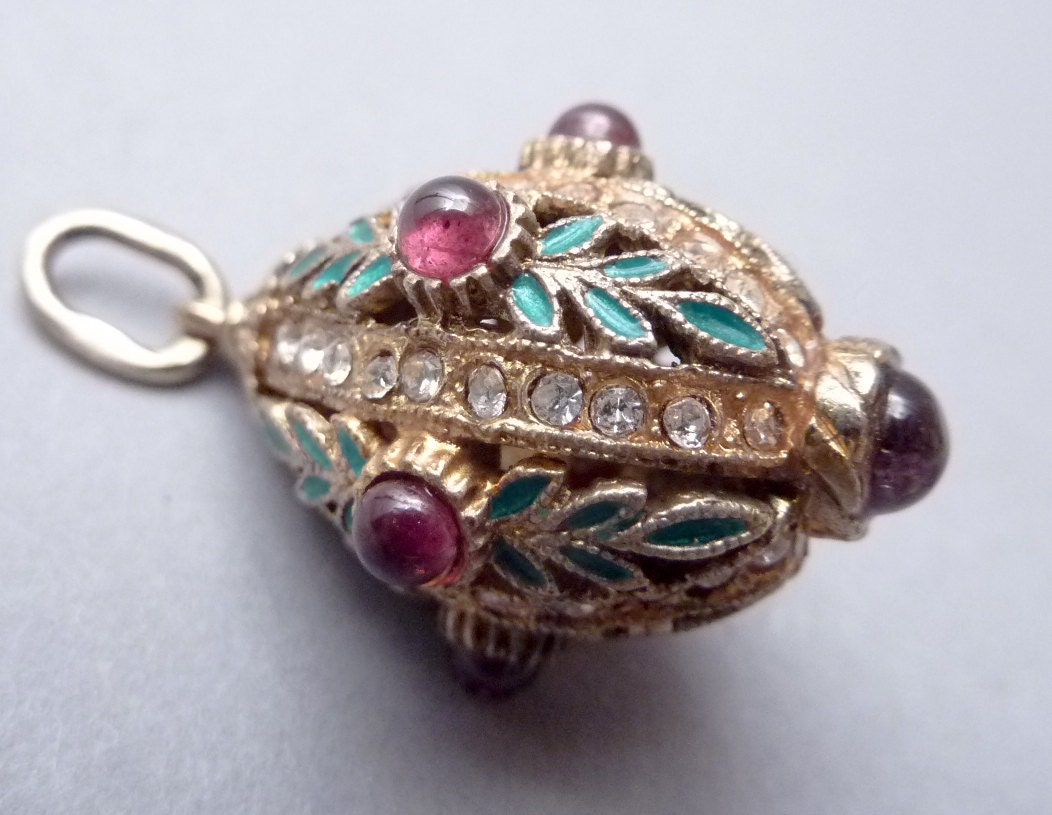Antique Sterling Enamel & Bejewled Faberge Egg Style Pendant