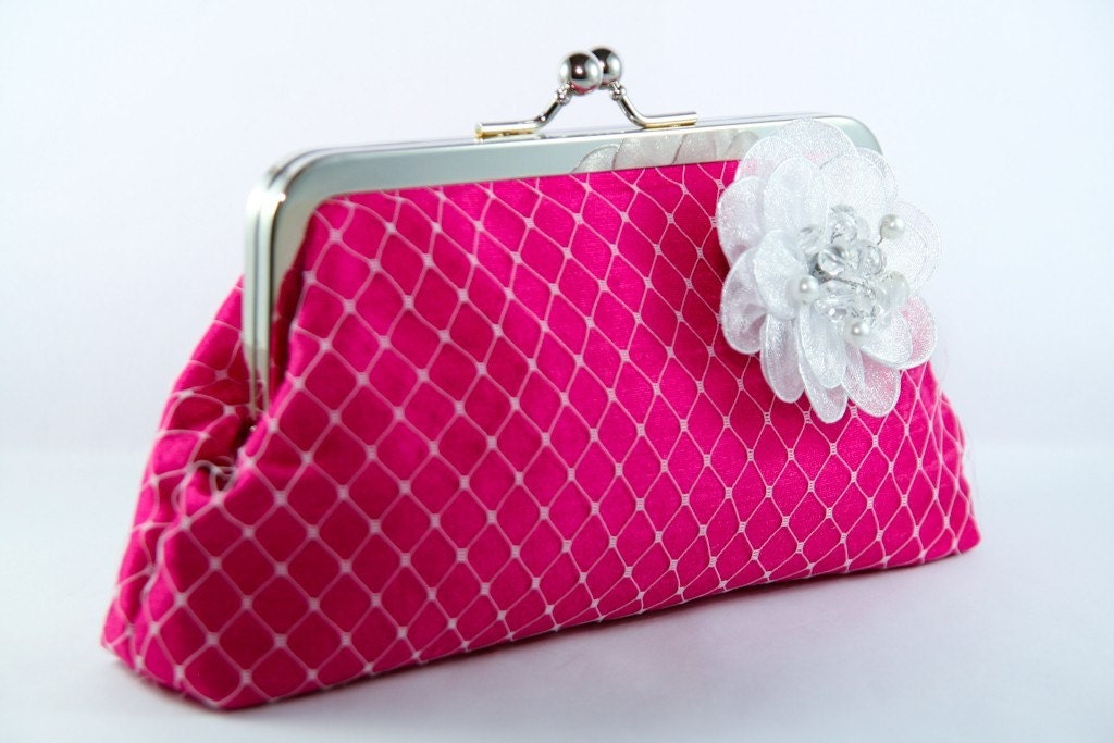 Fuchsia Bridal Clutch with White Wire Crafted Beaded Flower Brooch 8-inch RANUNCULUS PASSION