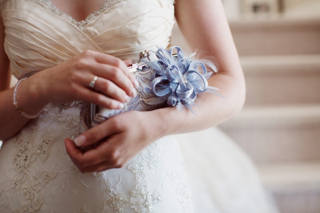 Lilac Gray Lace Clutch with Blue Ribbon Flower 8-inch REVERIE