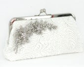 Ivory Bridal Lace Clutch with Flowery Rhinestone Cherry Blossom Lace Vine Brooch 8-inch LHERITAGE II