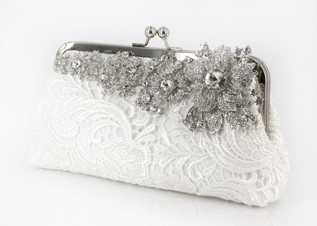 Ivory Bridal Lace Clutch with Rhinestone Lace Brooch 8-inch LHERITAGE II