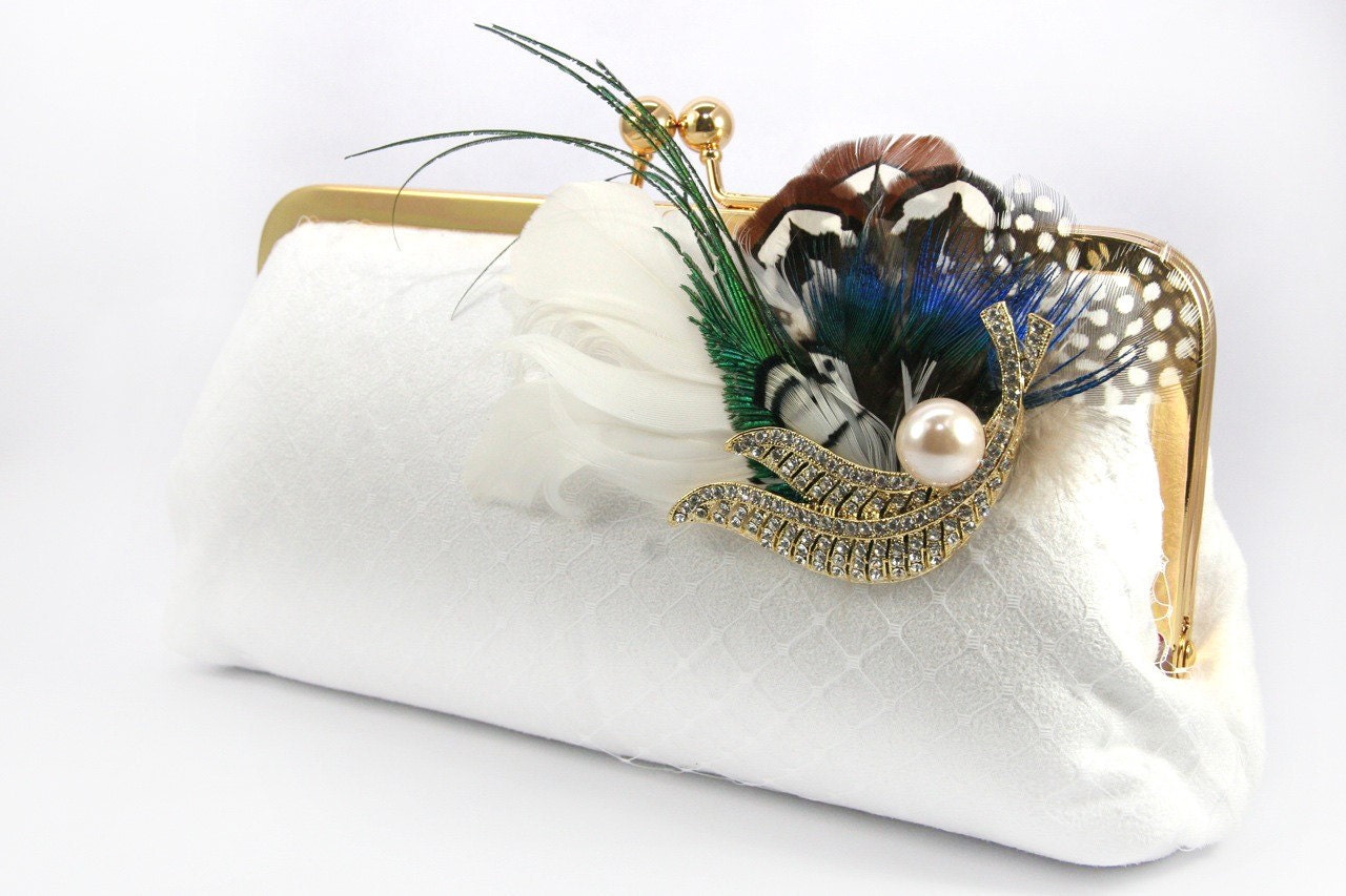Bridal Clutch Bag in white with peacock feather brooch - 8-inch PEACOCK PASSION