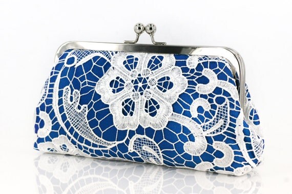White Lace Bridal Clutch in Cobalt Blue 8-inch L'HERITAGE