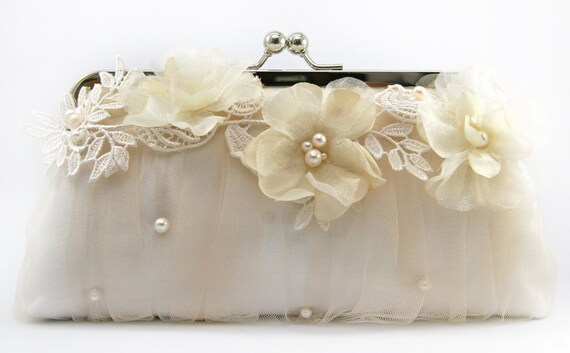 Bridal Clutch with Alencon Lace Organza Flower in Champagne 8-inch LAFORET