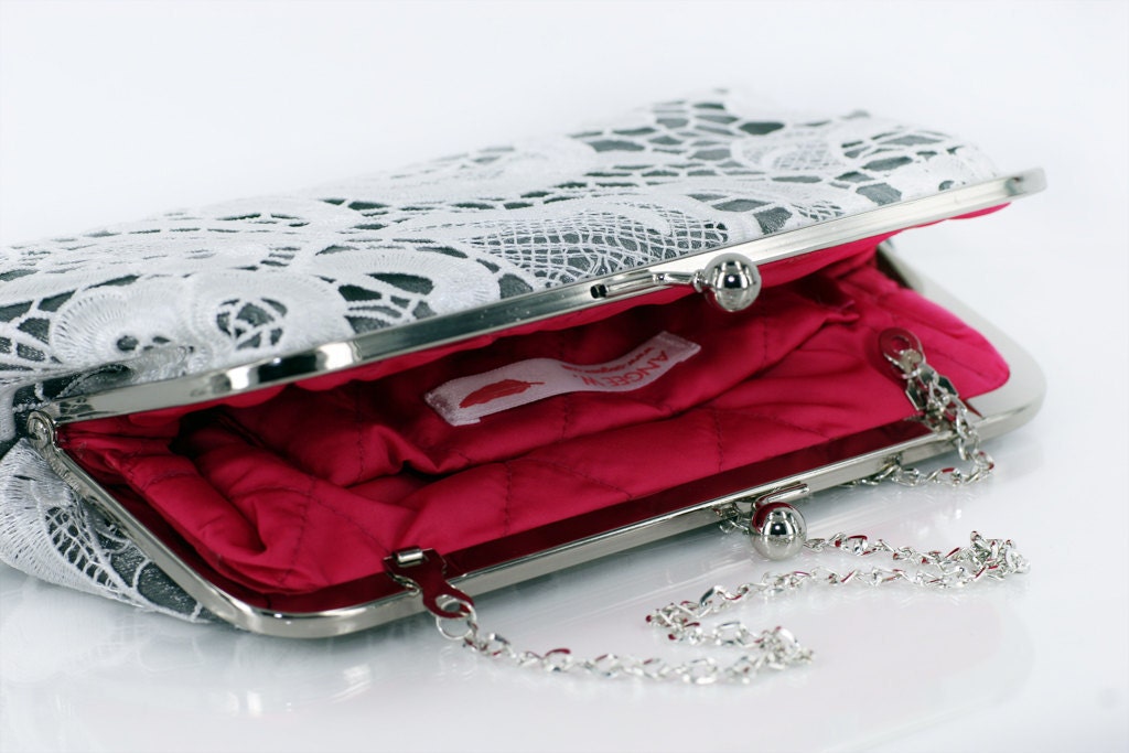 White Lace Bridal Clutch in Shimmery Silver Gray 8-inch L'HERITAGE