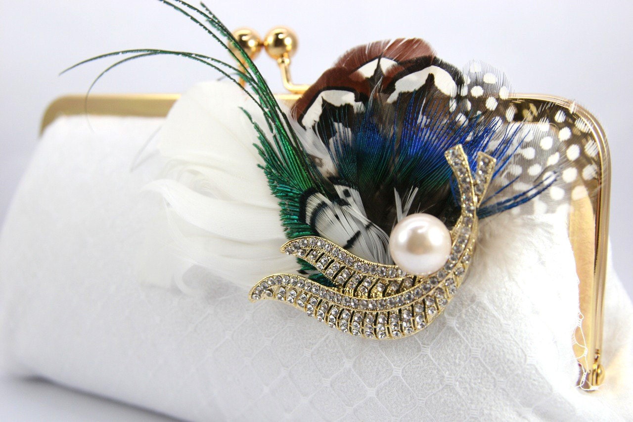 Bridal Clutch Bag in white with peacock feather brooch - 8-inch PEACOCK PASSION