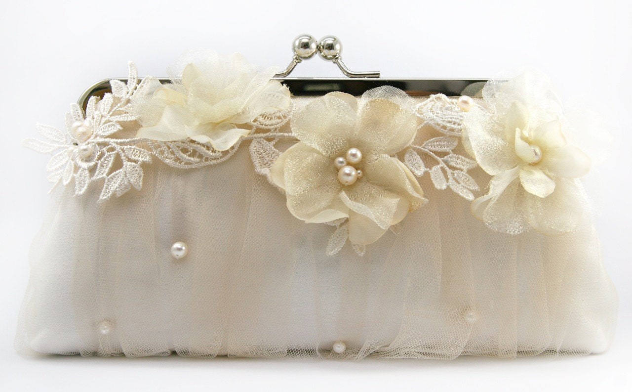 Bridal Clutch with Alencon Lace Organza Flower in Champagne 8-inch LAFORET