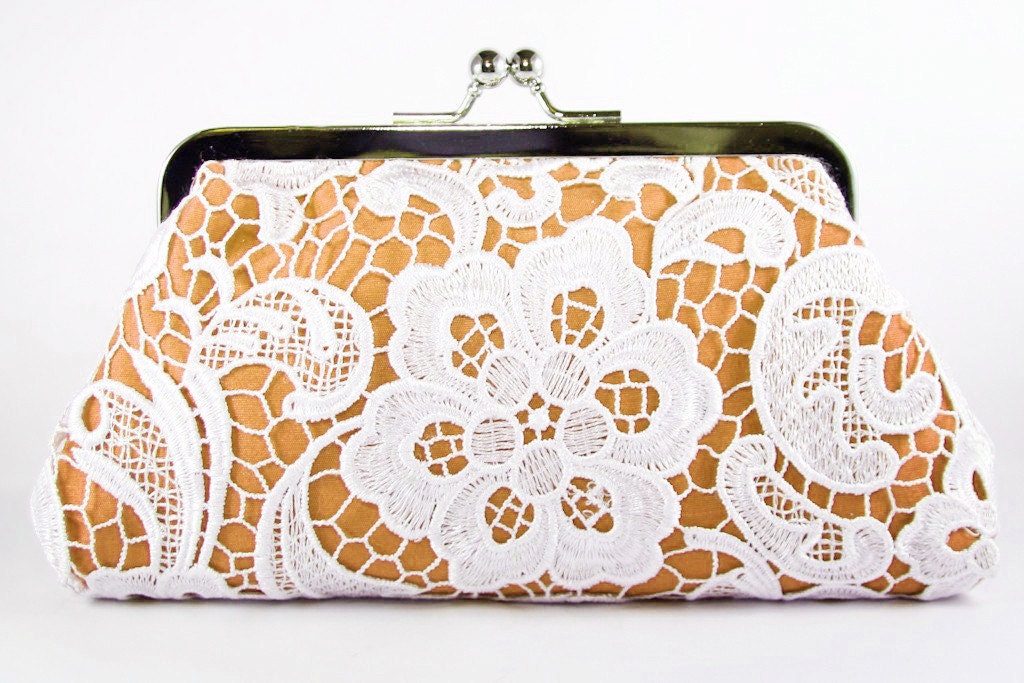 White Bridal Lace Clutch in Tangerine Orange 8-inch L'HERITAGE