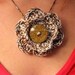 Crochet Flower Necklace, Brown And White Bronze Stone Button Dangle Pendant