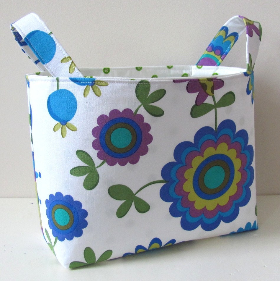 Fabric Storage Basket Organizer Bin in Mod Blue Flowers