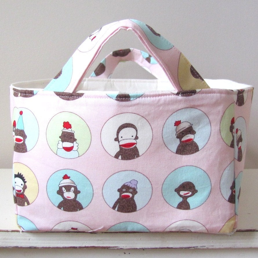 Storage Basket Fabric Organizer Bin in Pink Sock Monkey Print