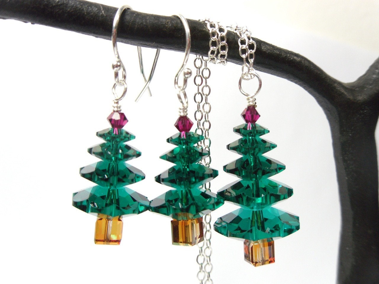 Emerald n Ruby Christmas tree sterling silver necklace & earring set - green and red Swarovski crystals - jewelry set