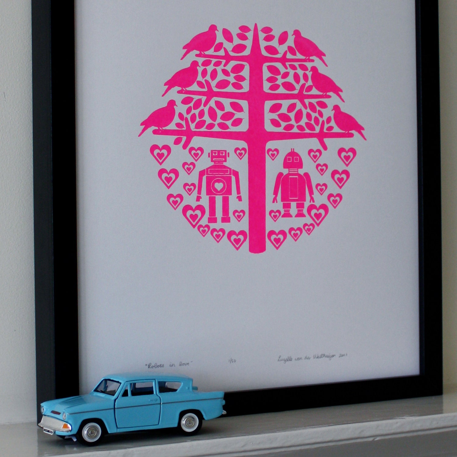Robots in Love silkscreen print (neon pink)