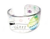 Cupcake Cuff, Graphic Clear Resin Cuff Bangle Bracelet, tattoo style, embedded photo, by Buy My Crap