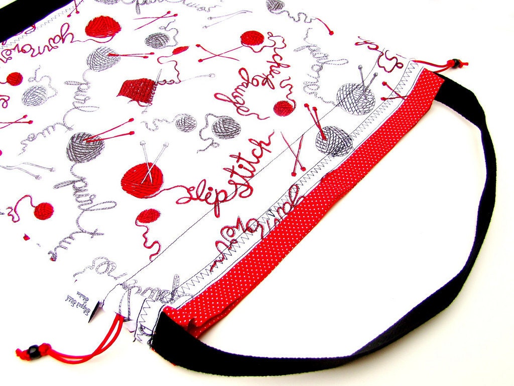 Large Knitting Project Bag Crochet Drawstring Tote WIP Bag - Knit Purl Yarn Balls White