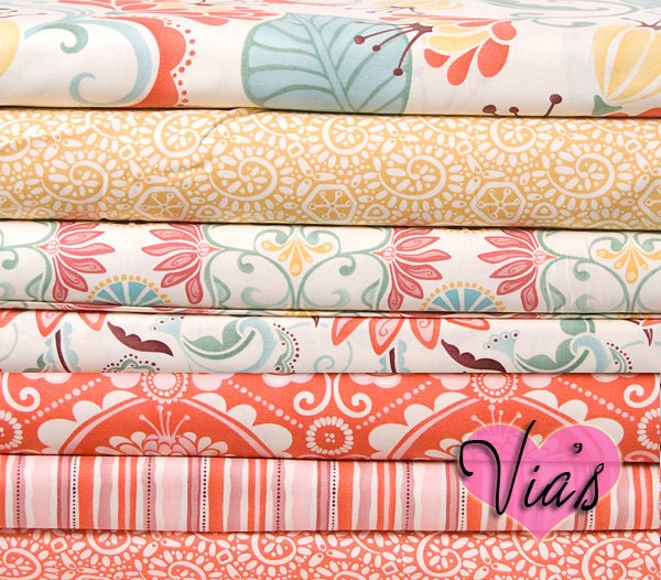 Fandango Kate Spain -Modern Terra Cotta Orange Honey Mustard Turquoise Paisley Cotton Quilt Fabric FAT QUARTER BUNDLE Kit