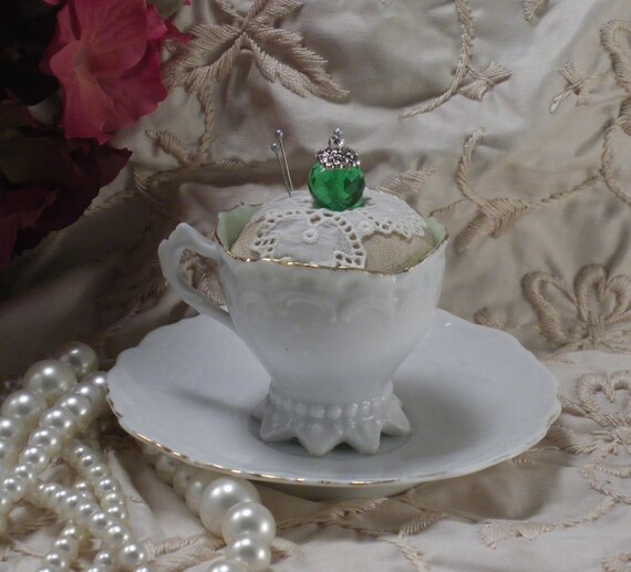 Antique China Cup and Saucer Pin Cushion by TheVintageRobin