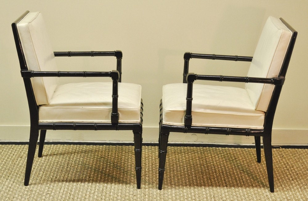 Pair of faux bamboo white leather armchairs