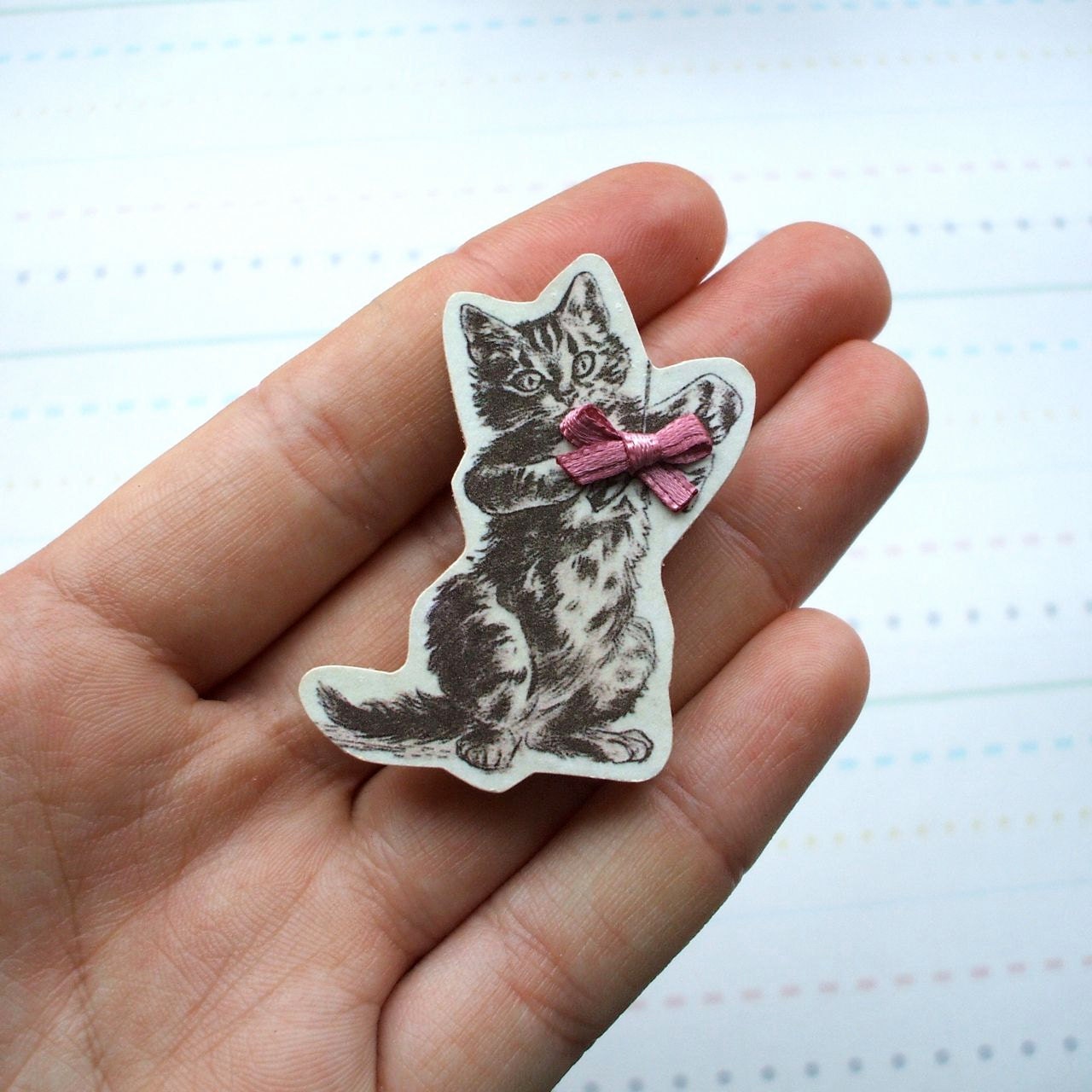 Wooden Cat Brooch with Bow