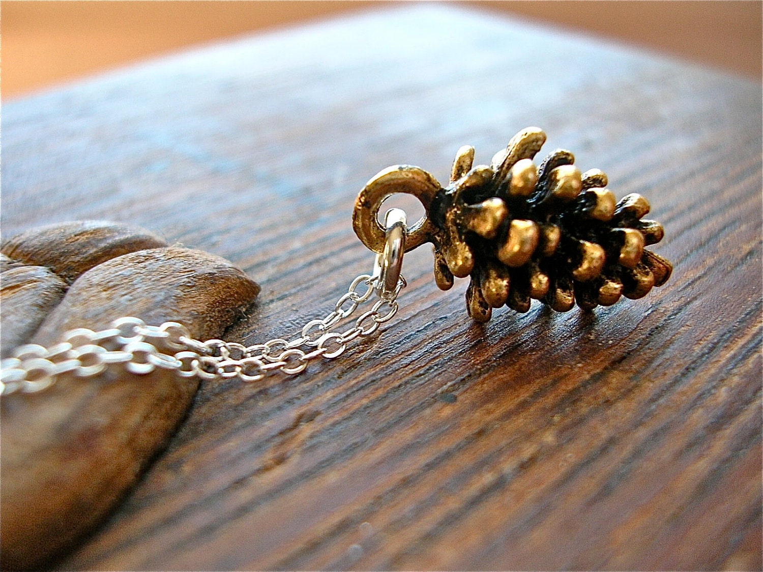Small Wonder -  Petite Golden Pine Cone Charm Necklace on Sterling Chain