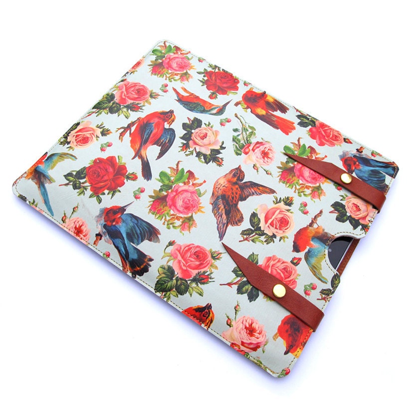 Leather New iPad case - Birds and Roses design