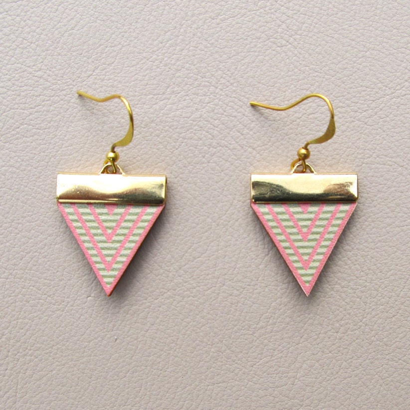 Leather Earrings - Pink Triangles with Mint Stripes