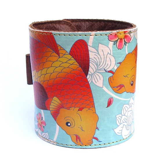 Leather cuff / wallet wristband - Koi and Lotus tattoo