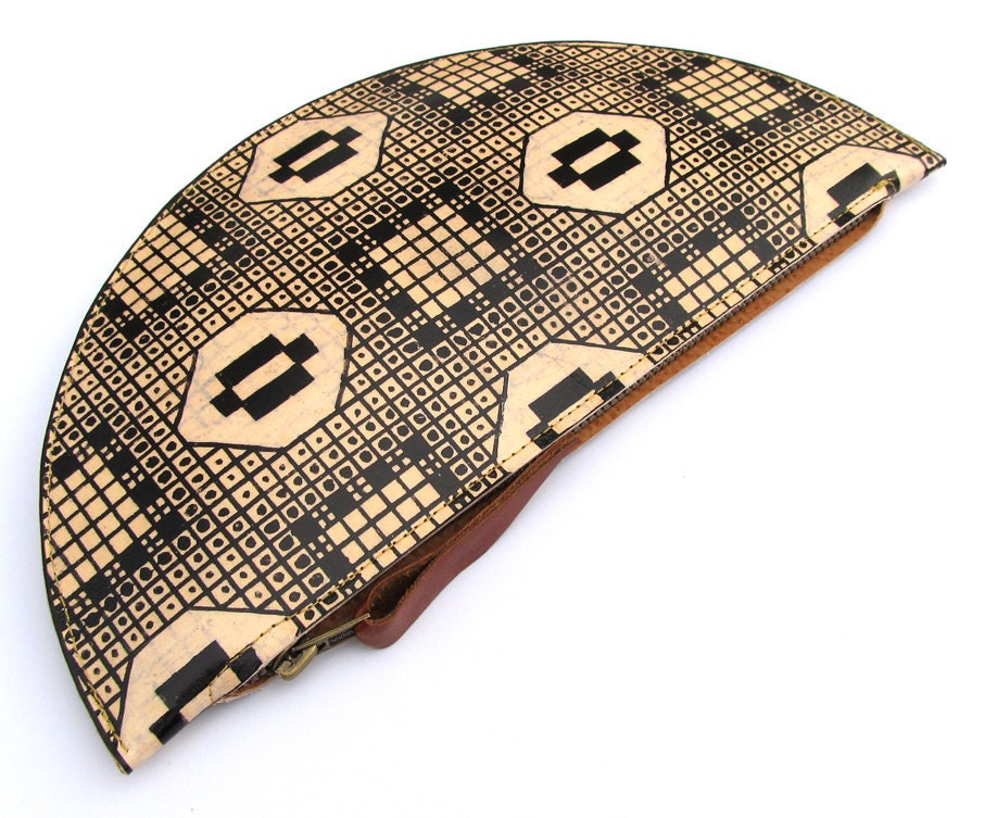 Leather Clutch bag - Half moon shape - 1900's hand drawn graphic illustration design No.2