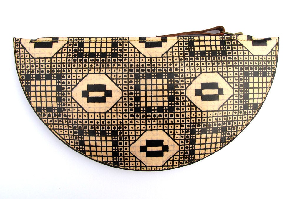 Leather Clutch bag - Half moon shape - 1900's hand drawn graphic illustration design No.2