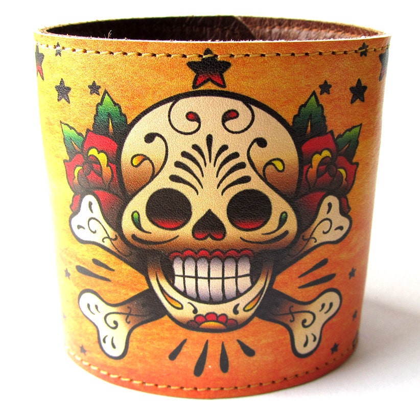 Leather cuff / wallet wristband - Tattoo Skull & Roses