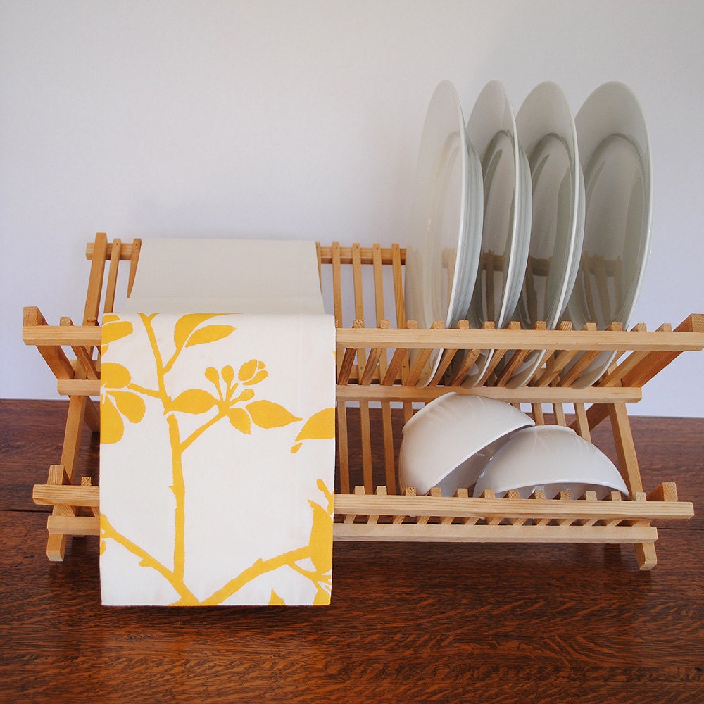 Block Printed Organic Cotton Kitchen Towel in Apple Blossom in Butternut
