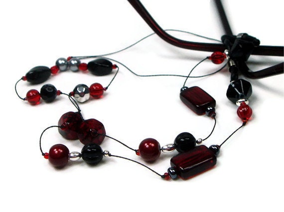 Beaded Eyeglass Leash, Reading Glasses Leash, Granny Glasses Holder, Reading Glasses Chain, Red, Black