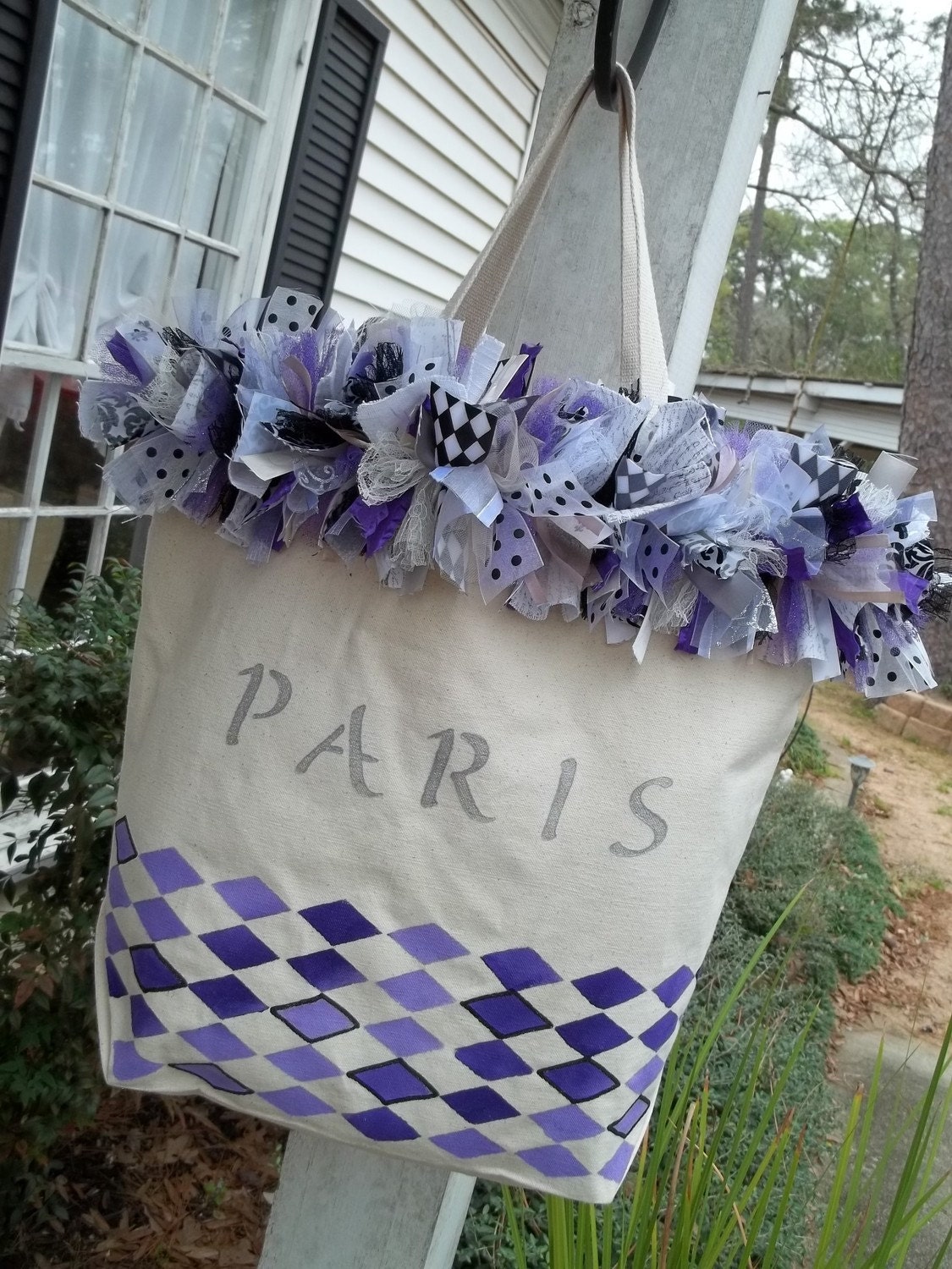 BRICO Shabby Totes - Sturdy Canvas Tote Bag with Shabby Ribbon Trim - Purple Paris Harlequin
