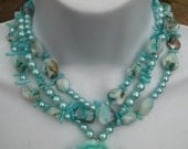 BRICO 2 Piece Set Aqua Triple Strand Mother of Pearl and Glass Pearl Necklace/Bracelet with Aqua Rose Pendant - Free S&H