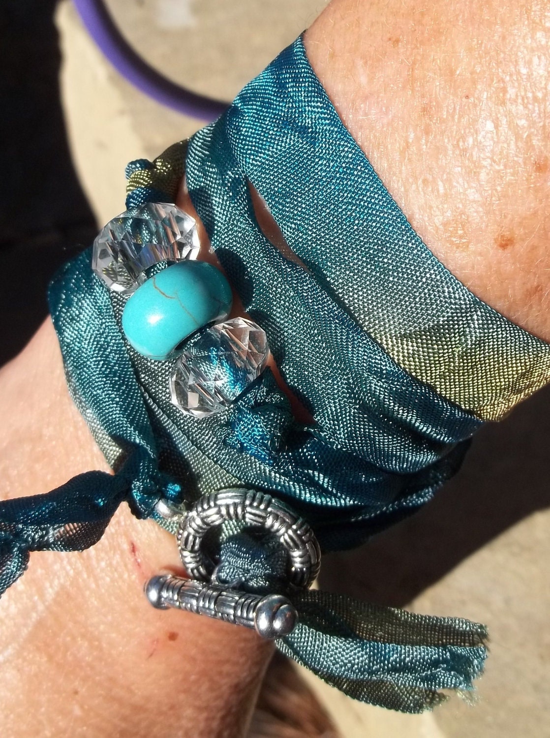 BRICO Turquoise Beaded Ribbon Wrap Boho Style Bracelet