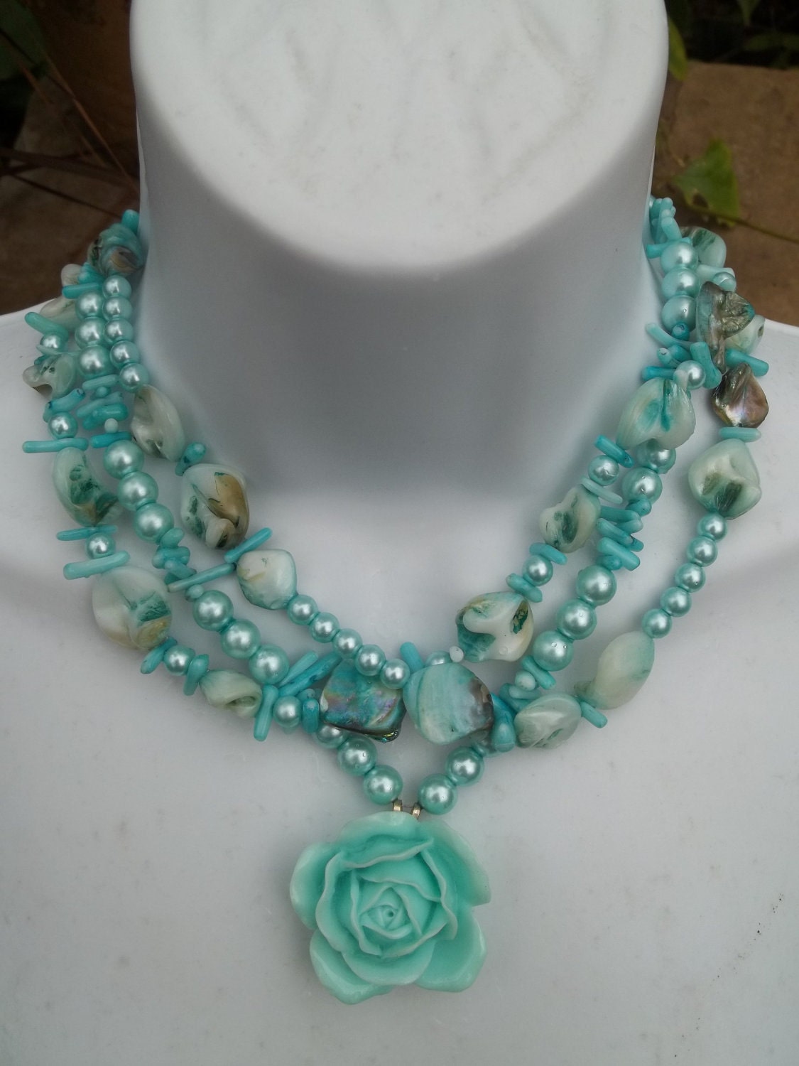 BRICO 2 Piece Set Aqua Triple Strand Mother of Pearl and Glass Pearl Necklace/Bracelet with Aqua Rose Pendant - Free S&H